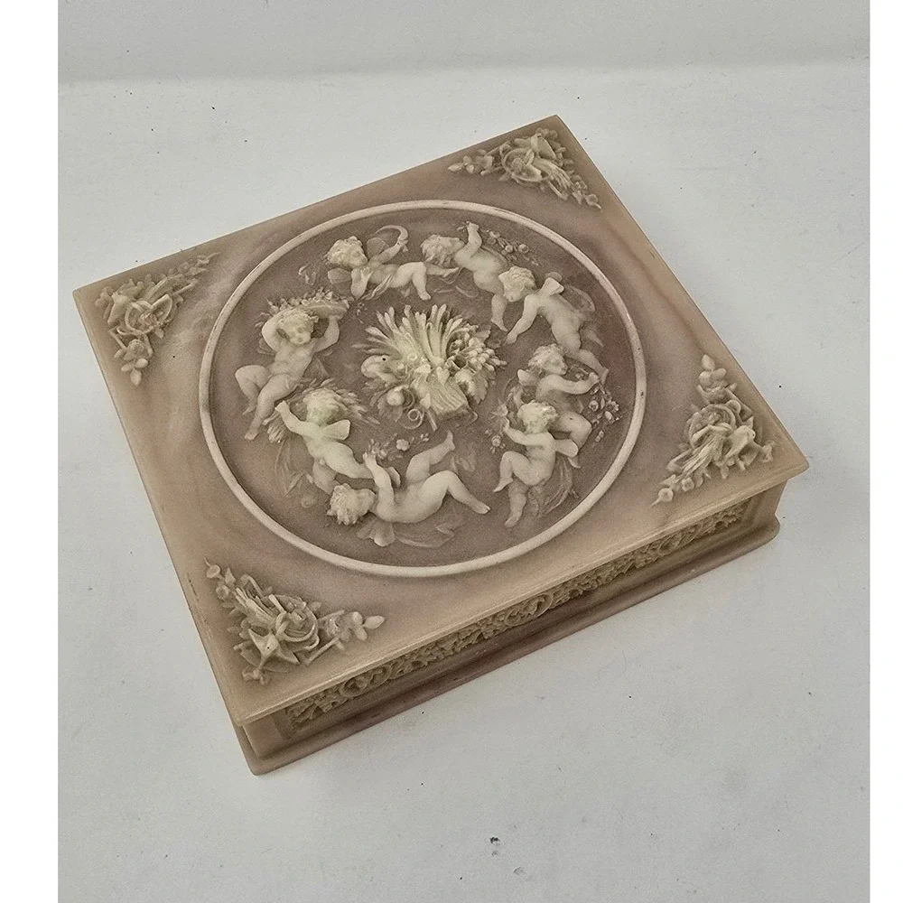 Vtg Incolay stone jewelry box Victorian cherub carved Neoclassical Romantic